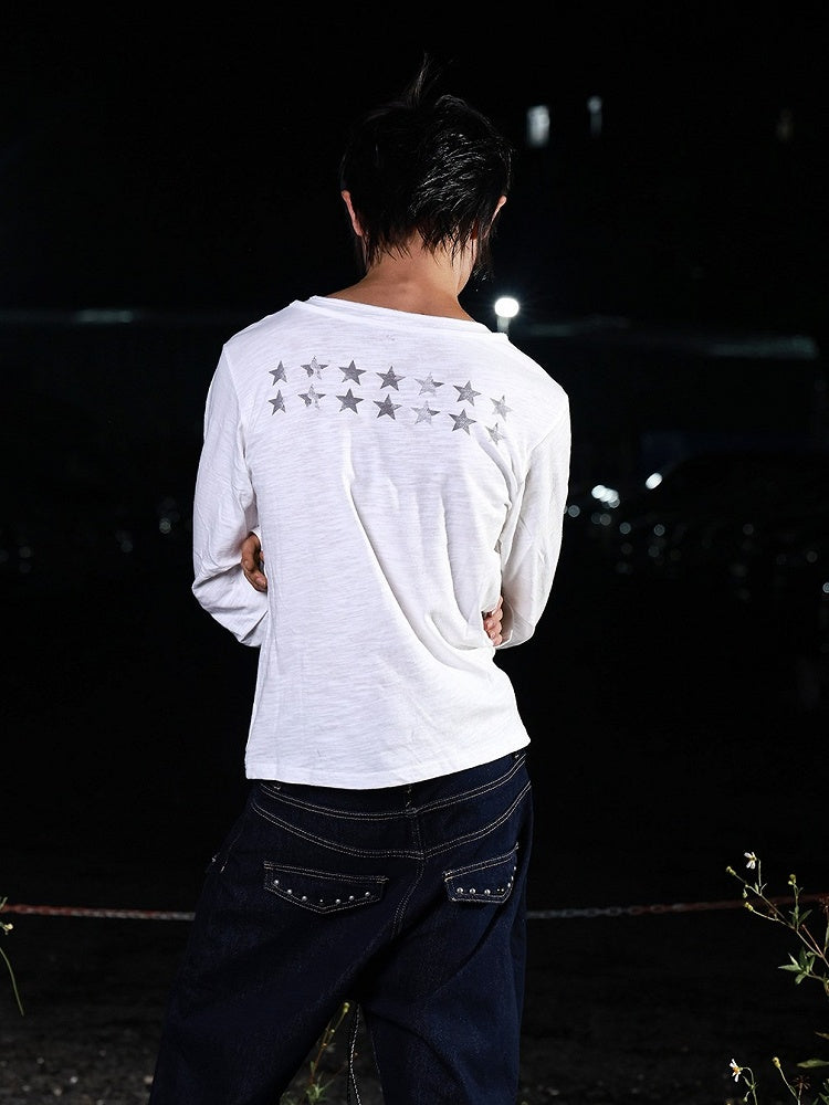 White Double Neckline Skull Star Print Long Sleeve Punk Top - DETW OnLine