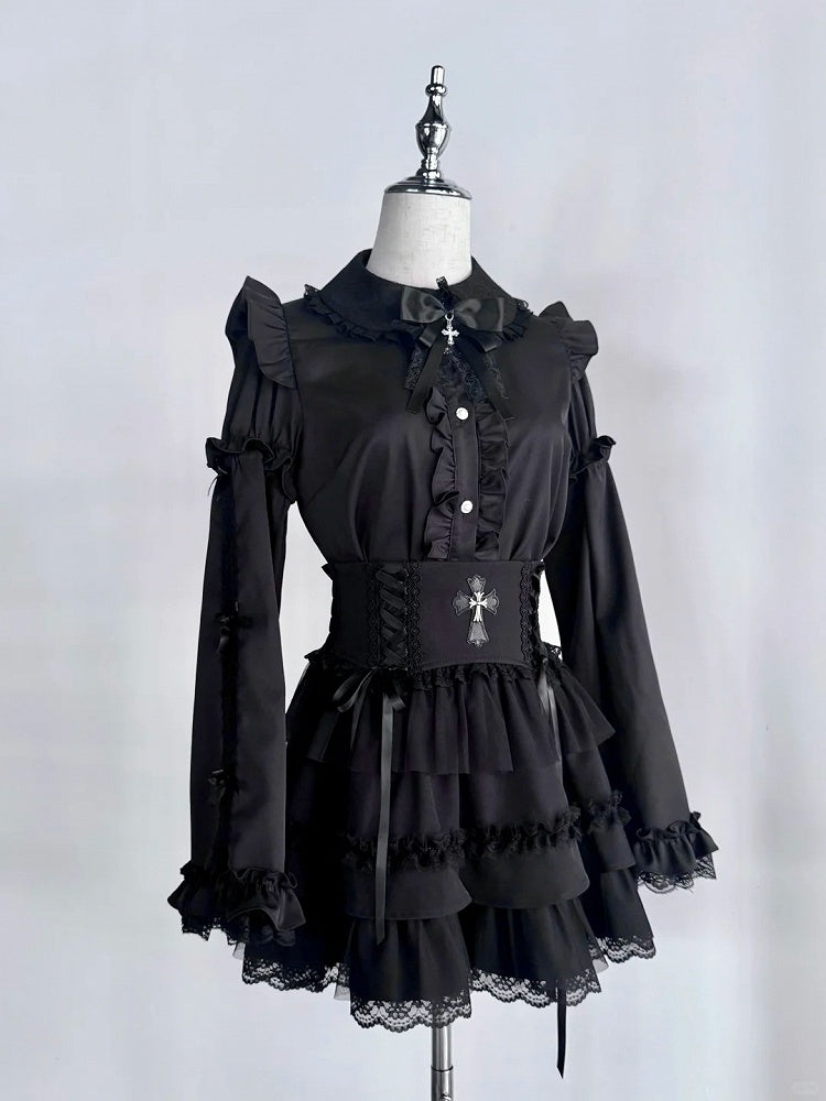 Jirai Kei Peter Sleeves Lolita Ruffled Lace Trim Pan Collar Black Blouse with Detachable Bell Gothic Bowknot