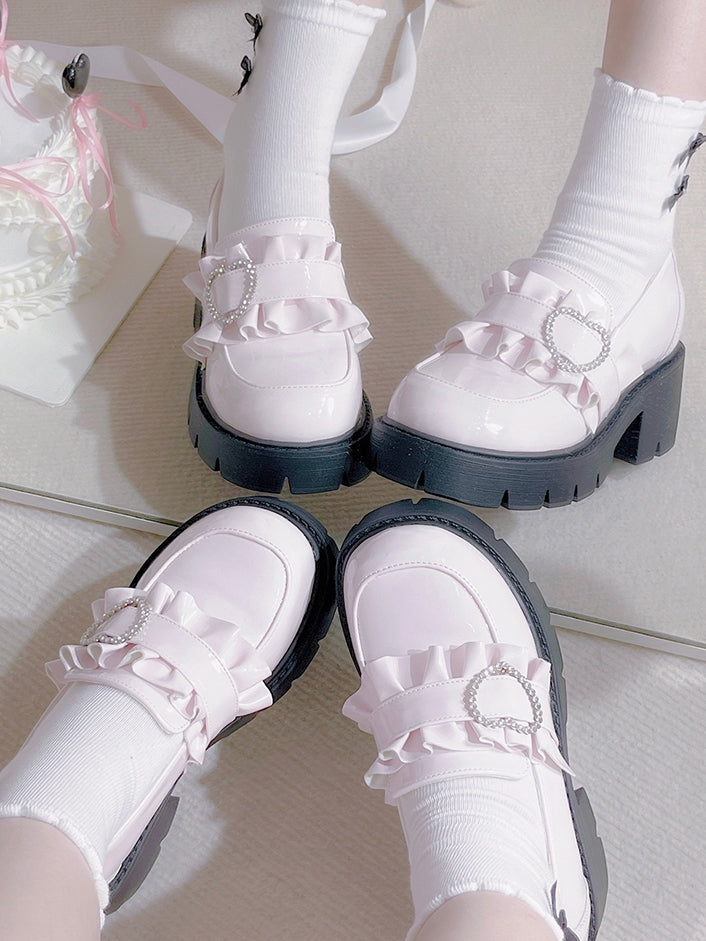 Shoes Jirai 6.5cm Pink Chunky Detail Kei with Loafers Beaded Heel Sweetheart Platform