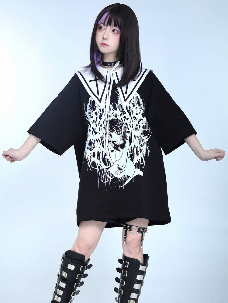 T-Shirt Oversized Girl Jirai Print Cartoon Kei Schwarz