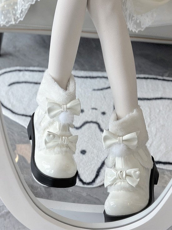 Decor Lolita Lining Boots - Sweet Snow Bow White Fleece