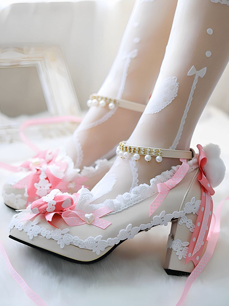 Top at Decorated Block Bunny Lolita 8CM Plush Sweet Pink Heels Shoes Bow