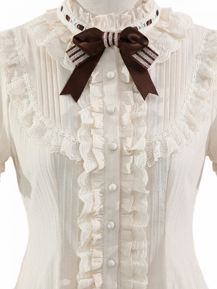 Beige Brown Bow Short-Sleeve Shirt with Ruffle Trim - Twin Bear Original Design