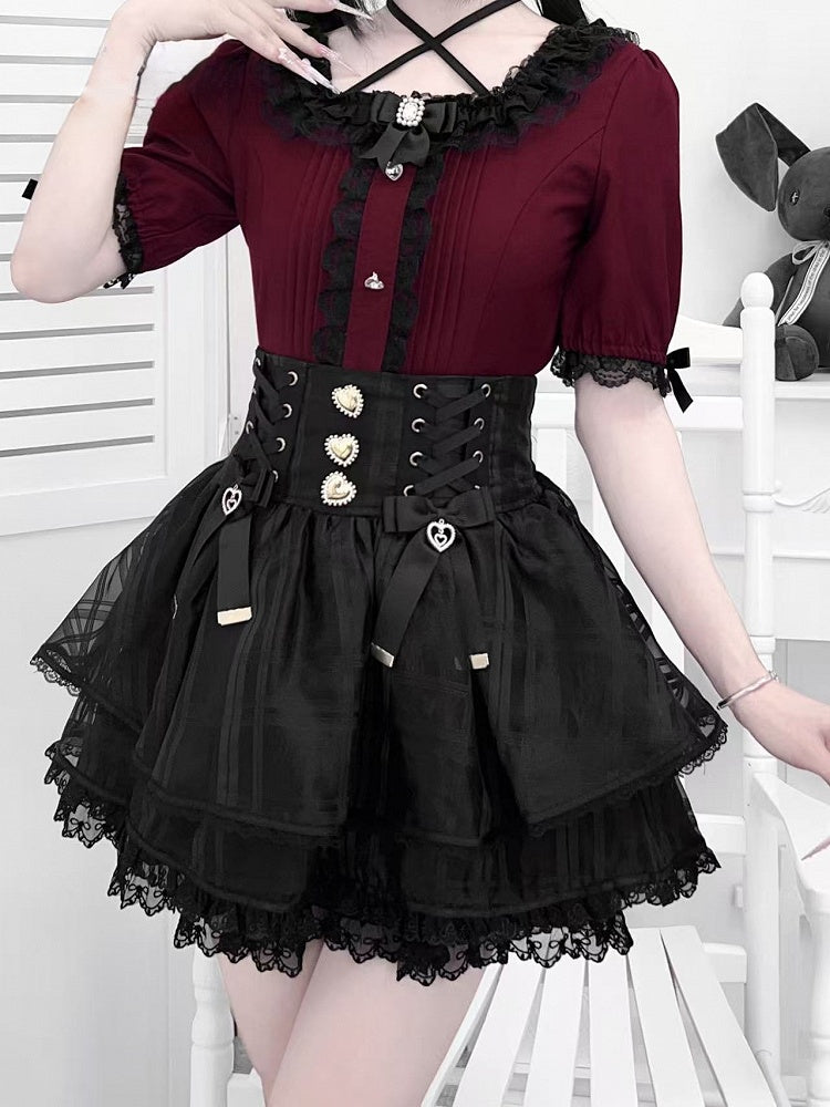 Wine Rhinestones Red Square Neckline Jirai Kei Blouse with Pleating Details Heart