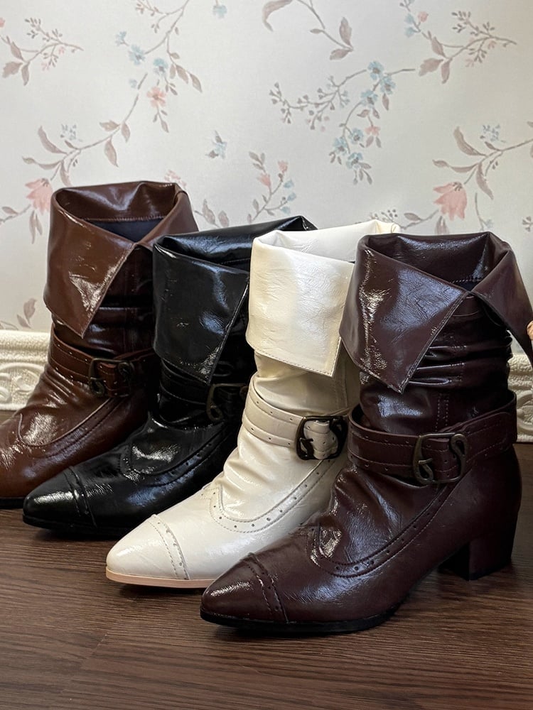 Brown Toe Pointed PU Slip-In Boots Cuff Stacked with Elegant Mid-heel Accents - Dark Foldable Buckle Lolita