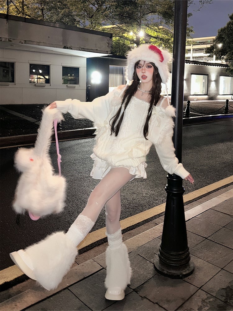 Cozy White Off-Shoulder Sweater with Bow Accent