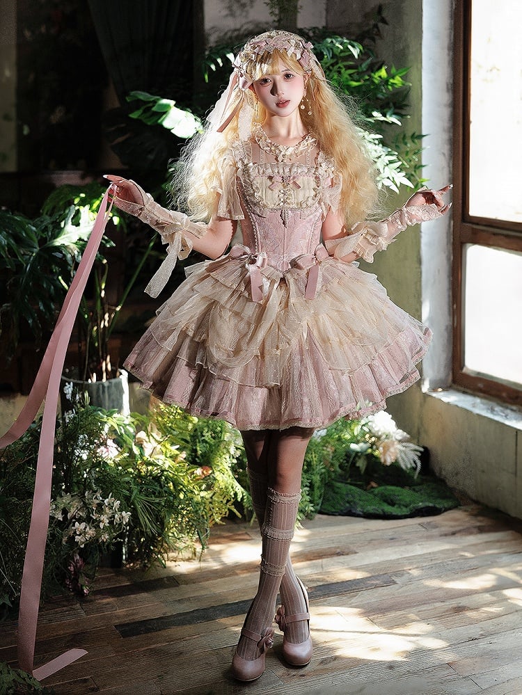 Details Corset Boned Bead Top and Pink Bows with Two