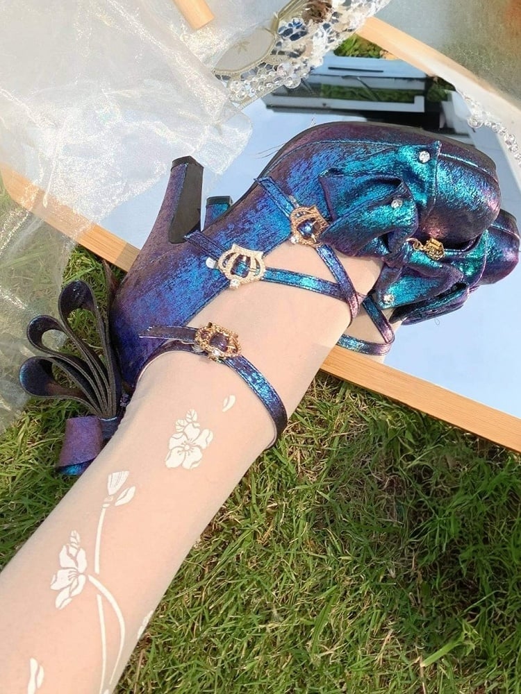 Sparkling Blue-Purple Satin Hime Lolita 8.5cm High Heel Shoes with Crown Buckle and Bow Details - Aimee