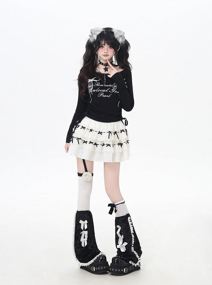 リボンプリントレースのスイートトップトリム、ドローストリングウエスト、ホワイト/ブラック