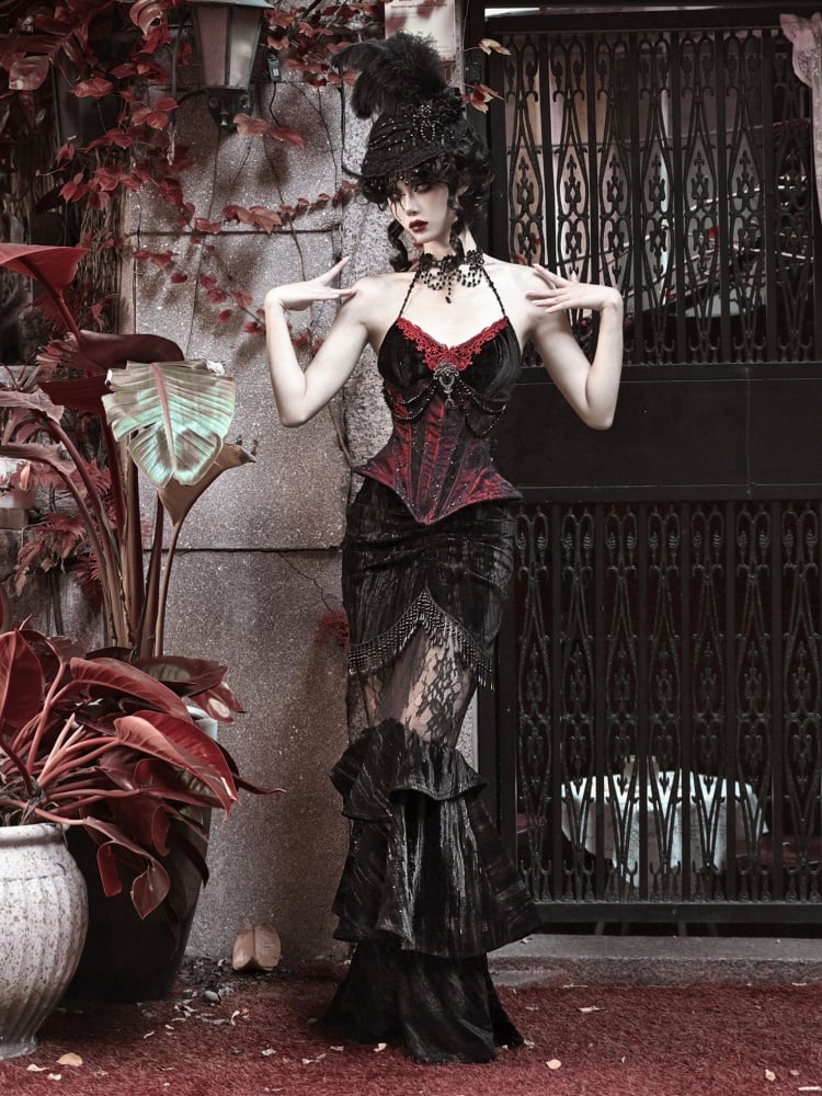 Gothic-Vampir-Meerjungfrauenrock mit mehrlagigem Volantsaum und schwarzen Perlenquasten