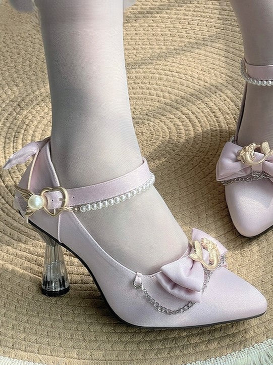 Mermaid Sweet Lolita Pointed Toe Pink 7cm Heels with Pearl Chain & Bow - Meng Ka Jiang