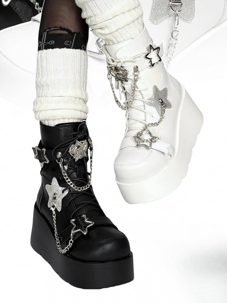 PU White Punk Platform Boots - Star Accents, Detachable Chain Charm & Multi-Fastening System