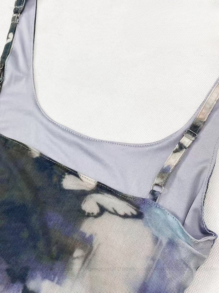 Y2K Vintage Blue Butterfly Print Oil Painting Slim-fitting Slip Dress