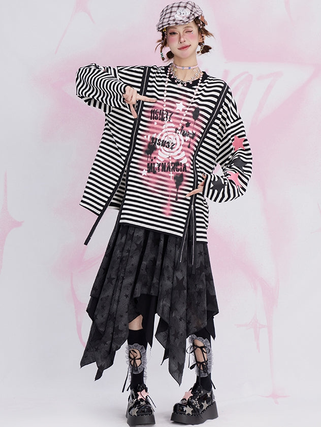 Black and White Y2K Star Graffiti Zip Striped Loose Sweatshirt