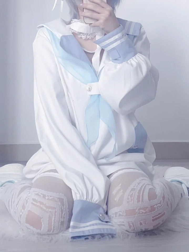 with Kei Long White Collar Cross Sailor Blue Jirai Top Halter Neck