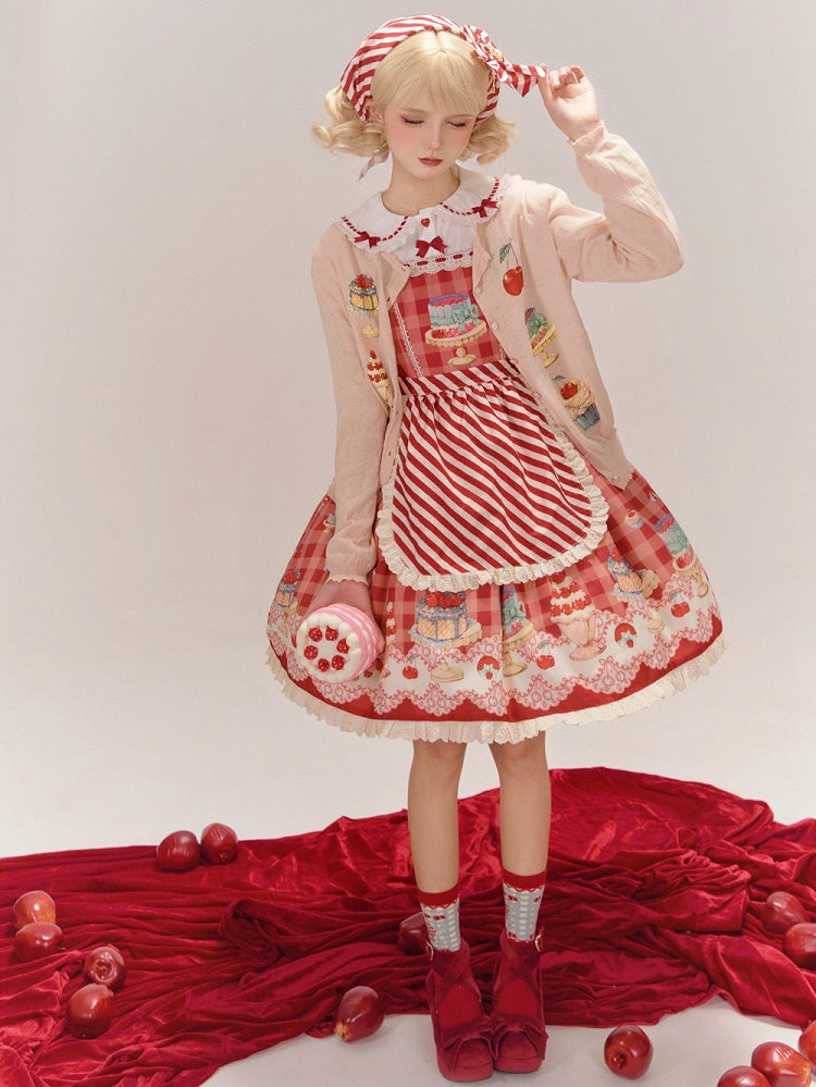 Aprikosenfarbene Strickjacke mit langen Ärmeln und Dessert-Print