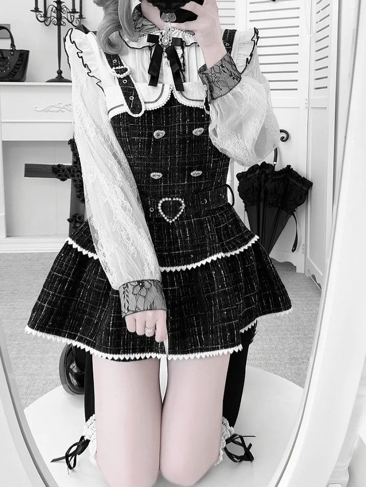 Tweed Jirai Dress Beaded Set: Heart Clasps Strap Overall Black Kei