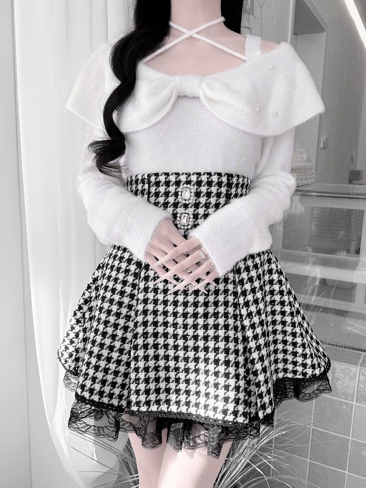 Mink Collar Convertible Kei White Fresh Plush Sweater: Pure in Jirai Bow Two Styles for Aesthetic