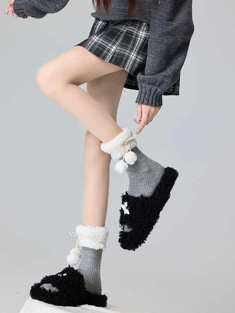 Lolita Fleece Cuff Knitted Socks With Pompons
