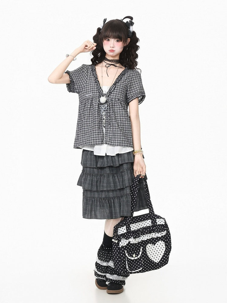 Gray Plaid V Neck Short Sleeve Top - Languid Park