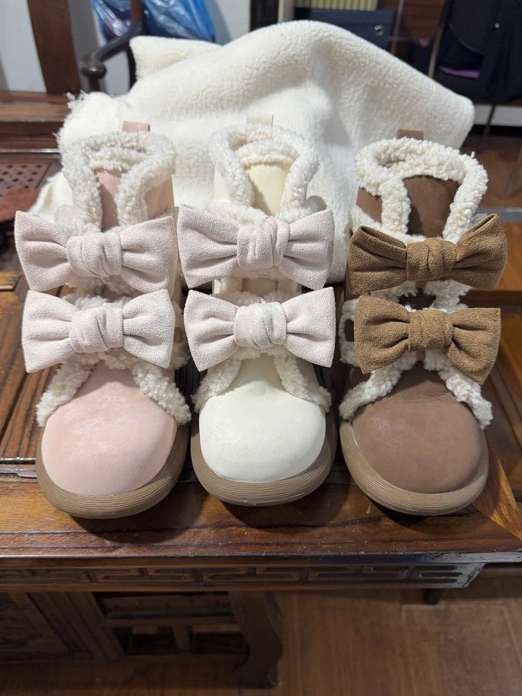 and Lining Ankle Sweet Fleece Removable White - Winter Lolita Bow Pink Details Boots