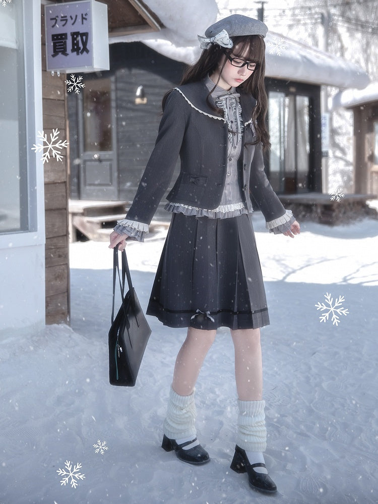 Jirai Flat Kei Collar Dark Gray Ruffled Blazer