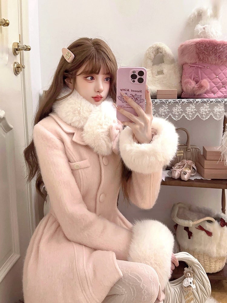 Detachable Coat Bow Oversized Fur Faux Pink With