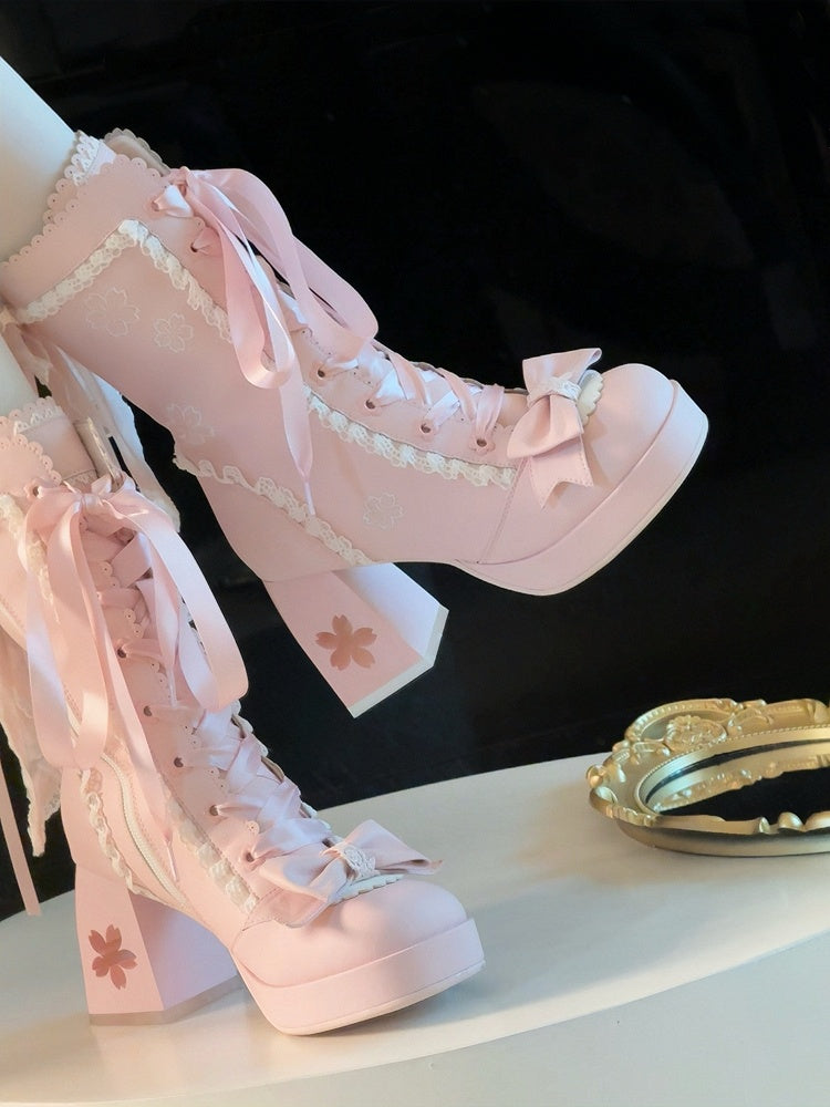 High-heel Embroidery with Lolita Boots Sweet Closure Pink Sakura Dual
