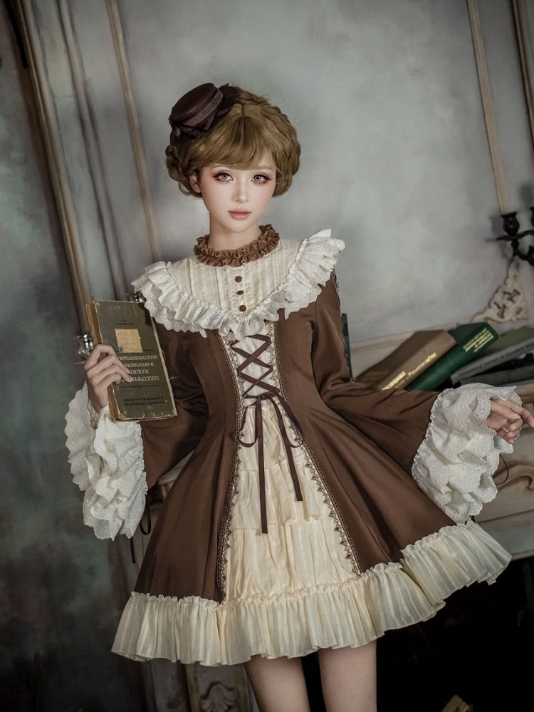 Bowtie Short Beige OP Hat Brown + Version Lolita Autumn Bell and Sleeves
