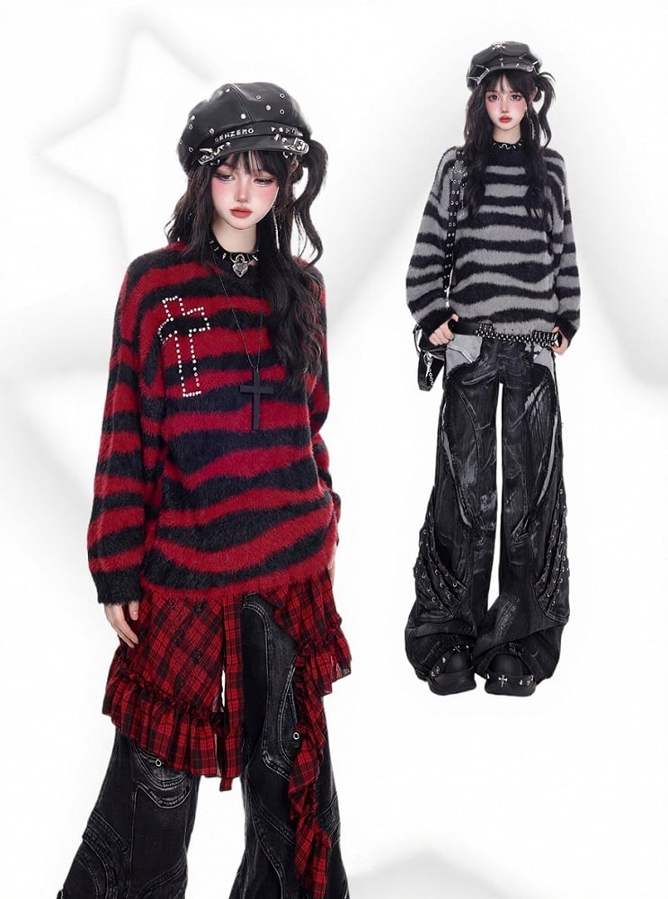 With Pattern Black Sweater Cross Knit Punk Gray Striped