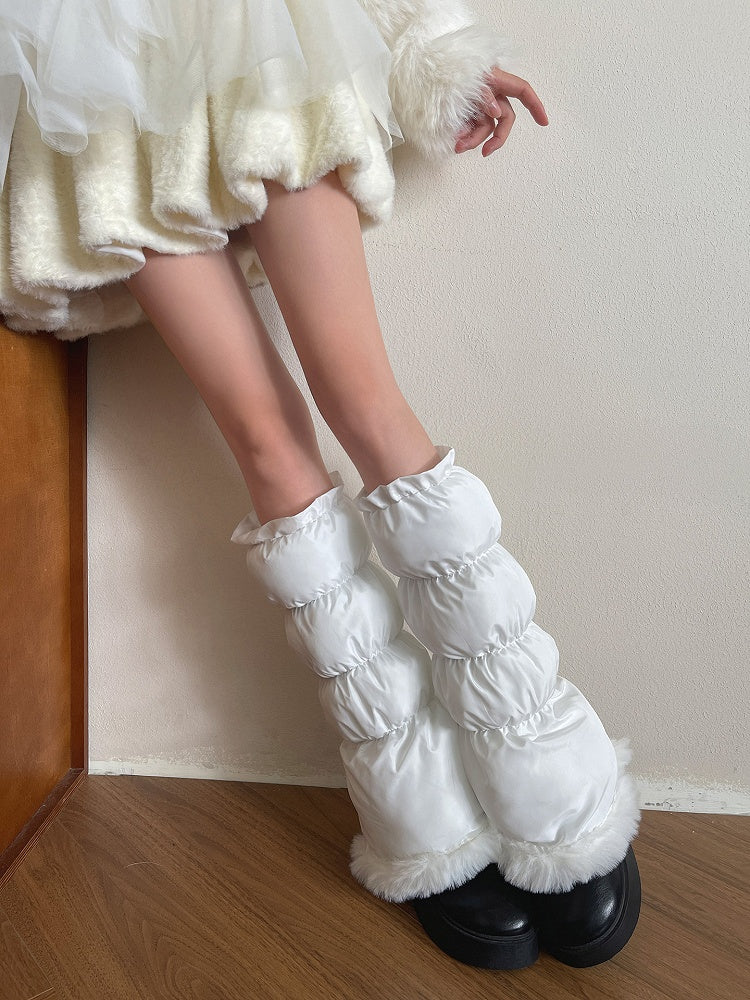 White Leg Plush-Trimmed Warmers Puffer