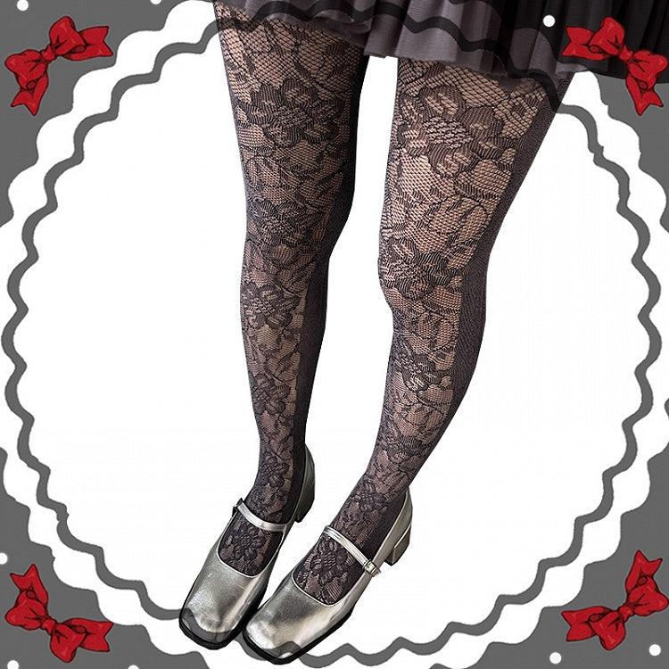 葉と花柄レースタイツフィッシュネット