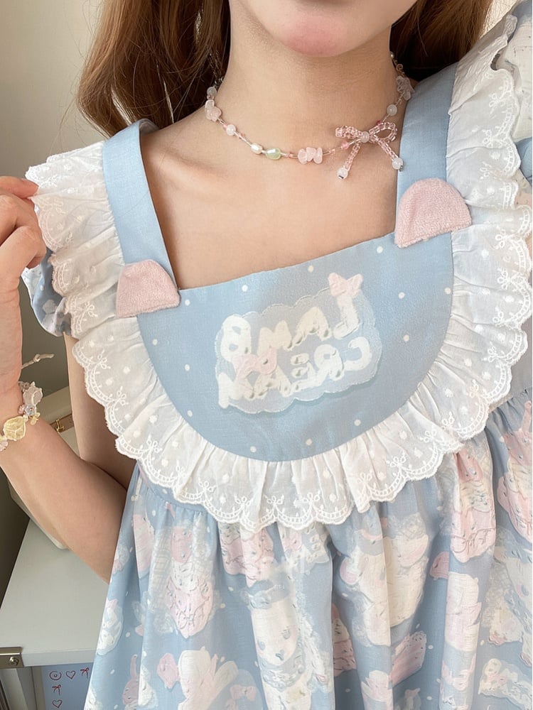 Entzückendes süßes Lolita-Kleid mit Lamm-Print, blau, quadratischer Ausschnitt, Puffärmel