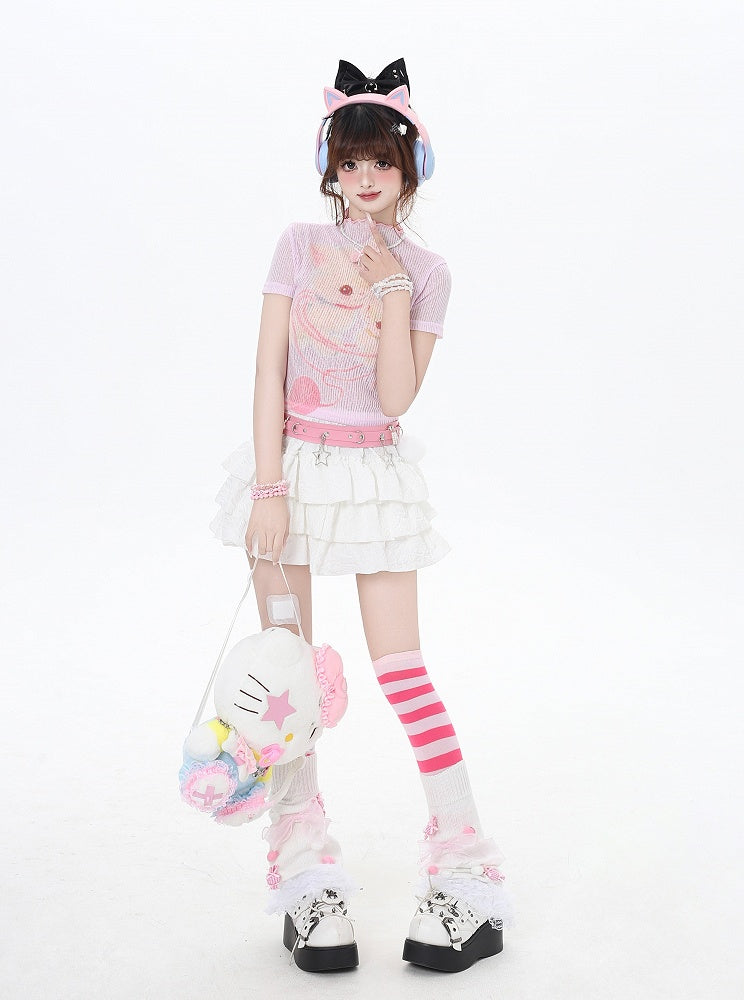 Cropped Beige/Light Pink Yume T-Shirt Adorable Animal Print Semi-sheer Kawaii