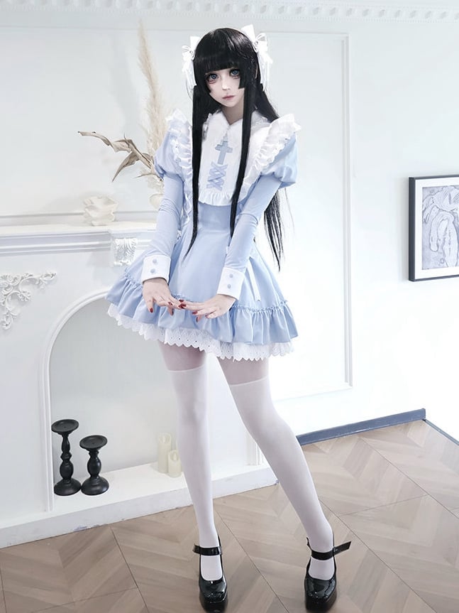 Dress + Hairclips Blue Juliette Kei-inspired Sleeves Lolita Jirai Bow Brooch