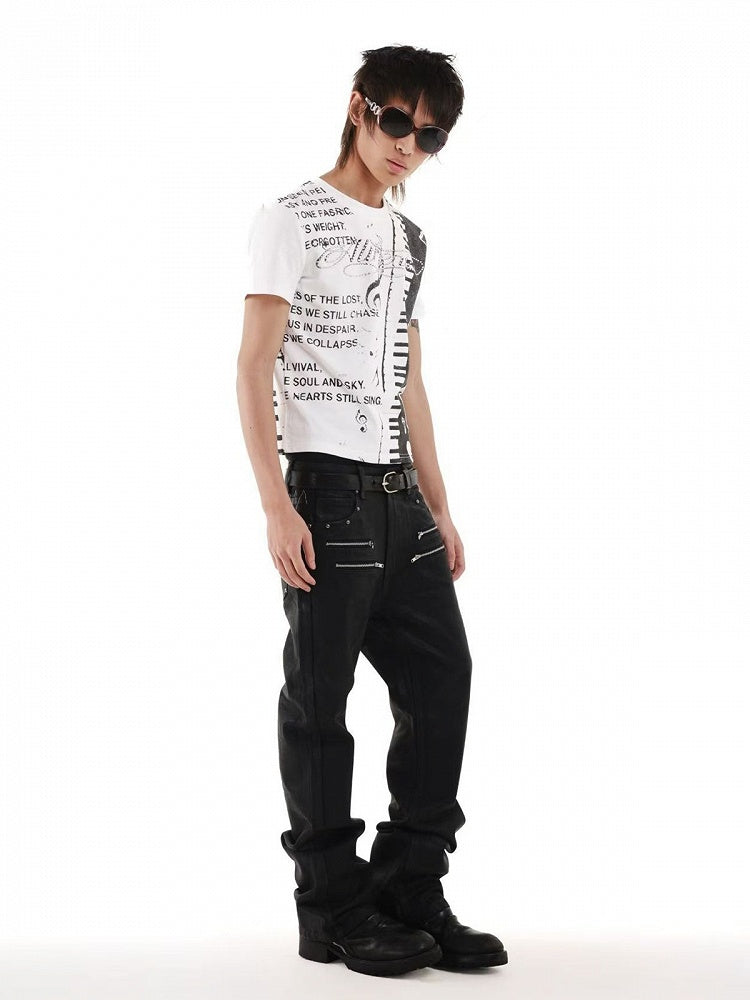 Unisex White & Black Letter Music Note Rhinestone T-Shirt