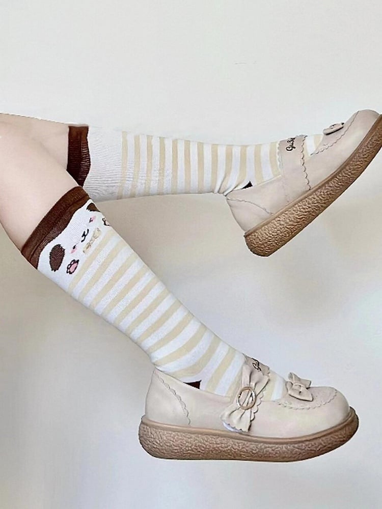 Lolita Kaffee Druckmuster Gestreifte Welpensocken Kalbsleder