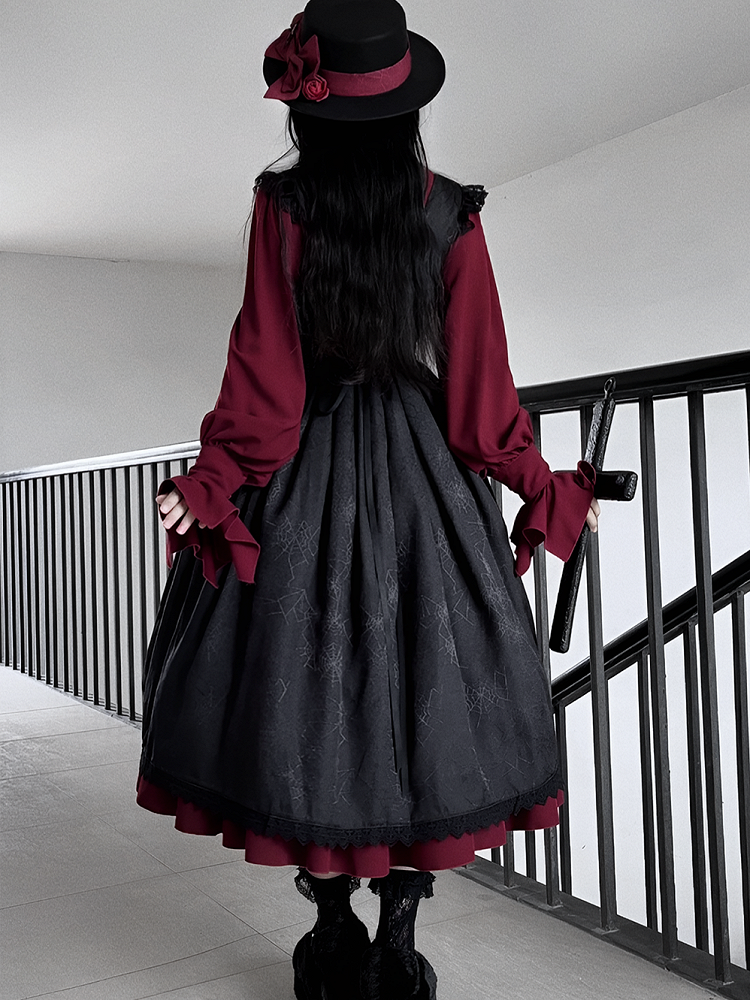 Drawstring Gothic with Dress Straps Shoulder Lace-Trimmed Waist Cross Black Embroidery Basque Lolita JSK and
