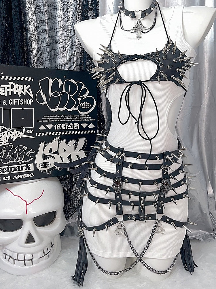 チャームタッセルウエスト&ベルトスタッドブラックスケルトンY2K装飾