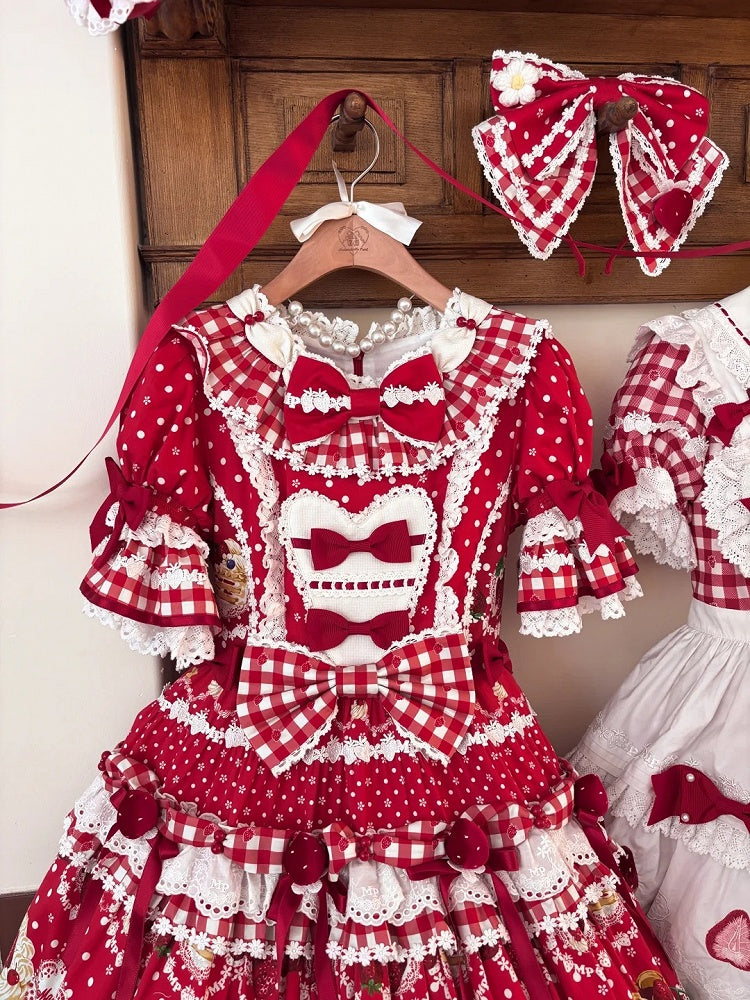 Sleeves Hem Print Lolita Puff Red Ruffle Cake Dress Strawberry with Sweet