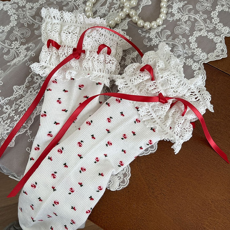 トリムフローラルディテール リボン結び カーフ ブラック/ホワイト レース柄ソックス