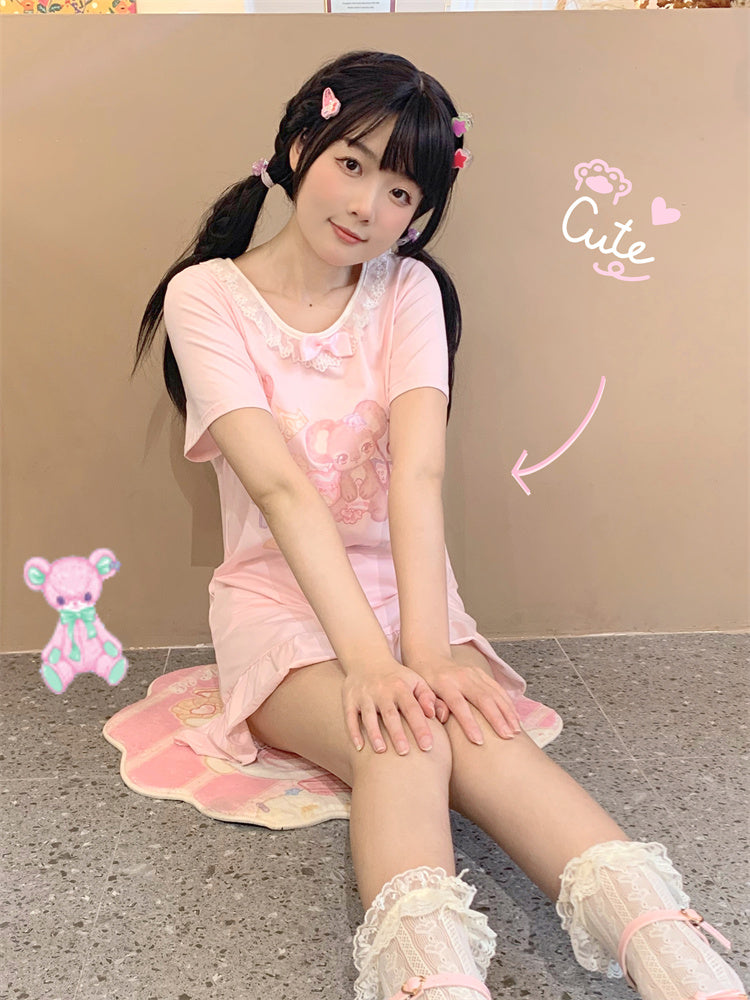 ホワイト/ピンクバージョントリム愛らしいレースロングプリントTシャツマウス