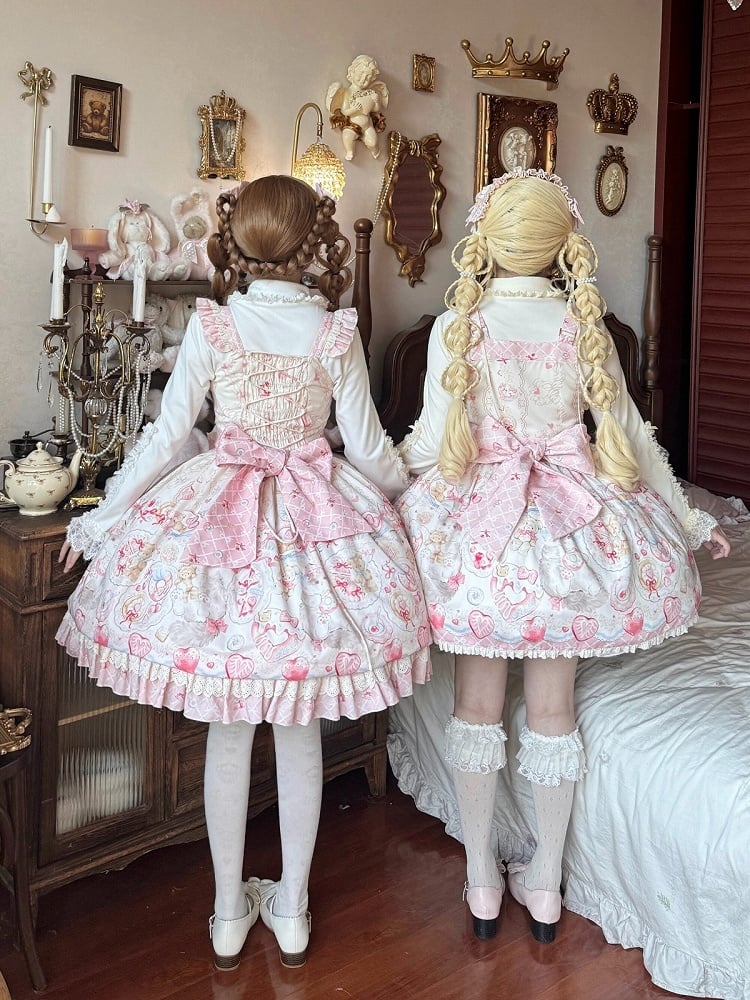 Strawberry and Cat Theme Sweet Pink Bow Lolita Overall Dress with Detachable Heart Brooch - wawao good night bear