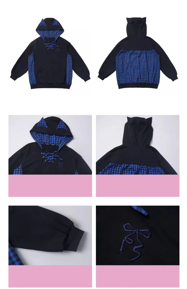 and Lace-up Detail Black Loose Dark Ears Hoodie Kitty Plaid Blue