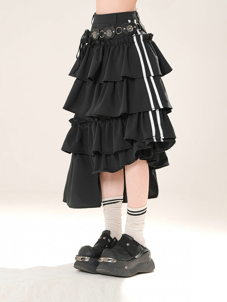 Black Asymmetrical Hem Tiered Skirt
