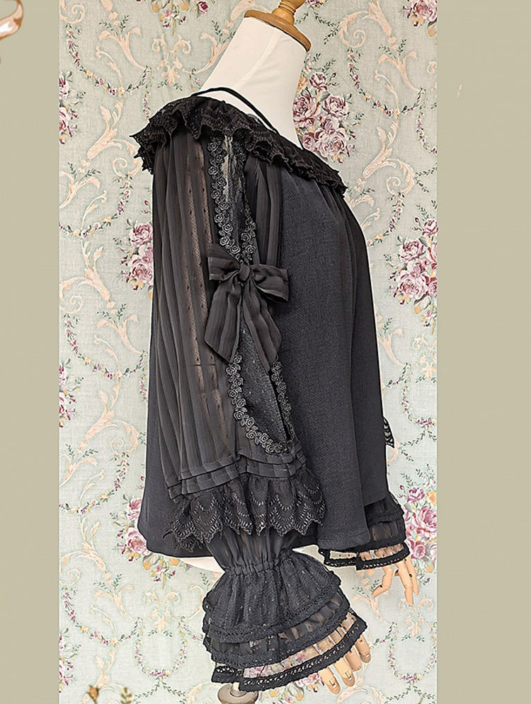 Lolita Sleeves Black with and Trim Off-the-shoulder Neckline Blouse Semi-sheer Lace