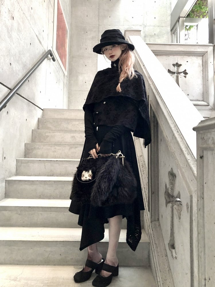 Asymmetrical Lace Button-Up Gothic Top Detachable Flocked Cape with