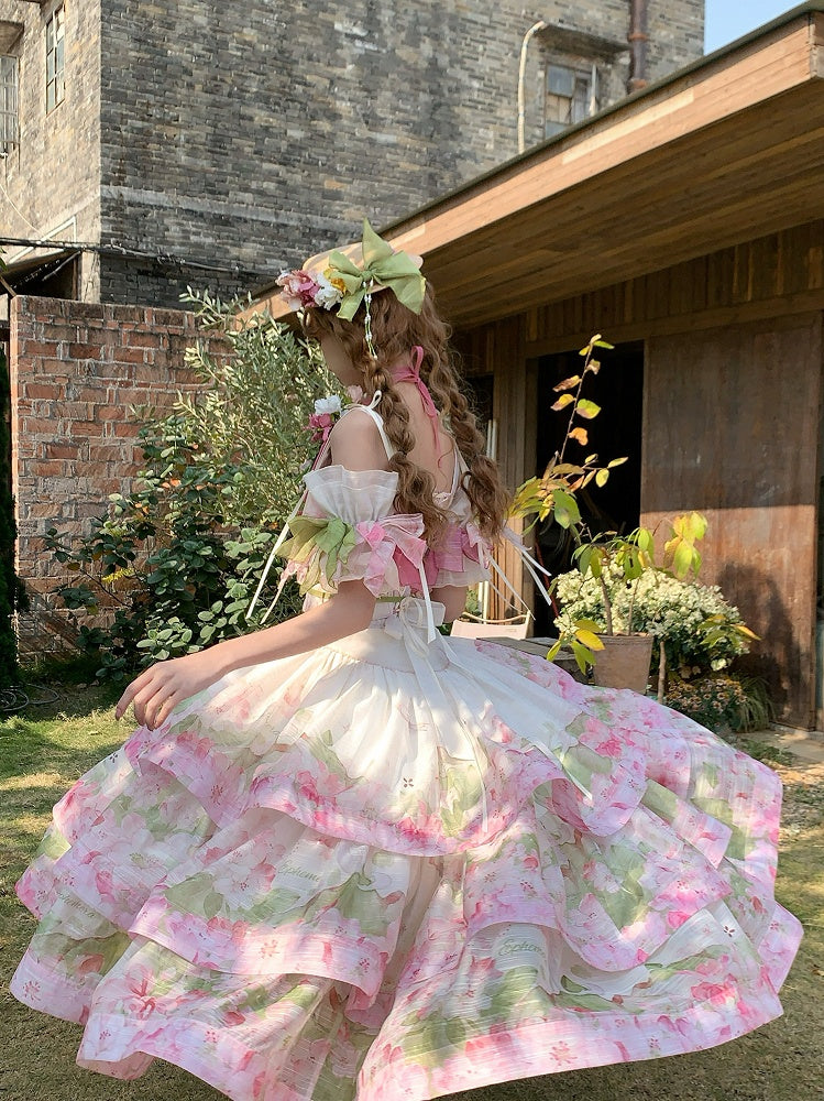Pink Rhododendron Print Lolita Three Layers High-low Skirt - Deer-seeking Letter Lolita