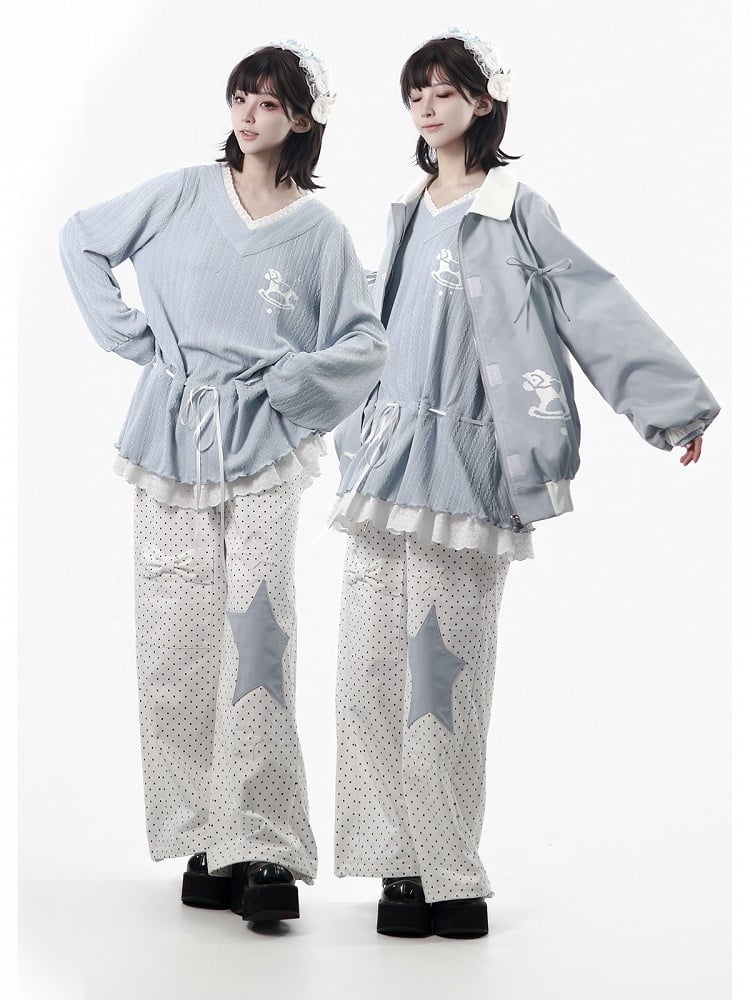 Light Blue Knit V-Neck Top with Drawstring Waist, Lace Trim & Rocking Horse Motif - PINK SAVIOR