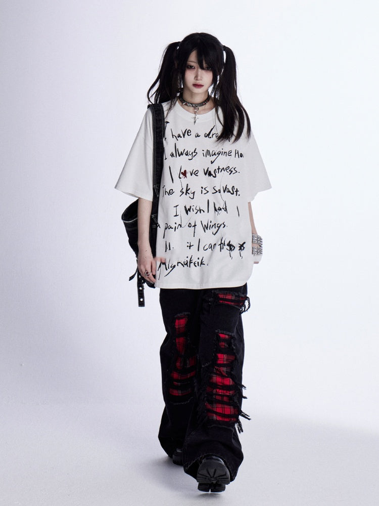 ホワイトグラフィティレタープリントルーズTシャツ